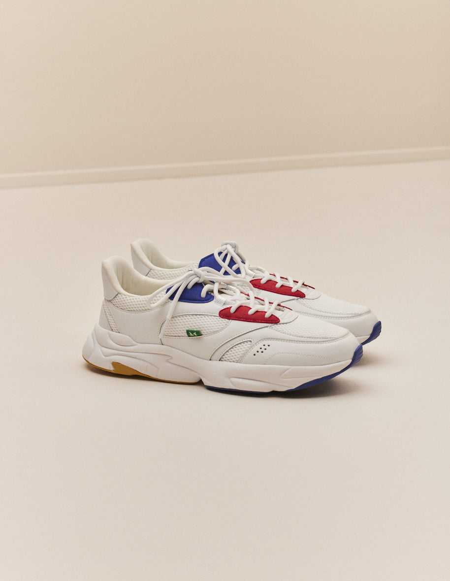 Baskets basses Nathanael - Cuir recyclé et suède vegan blanc rouge mutarde