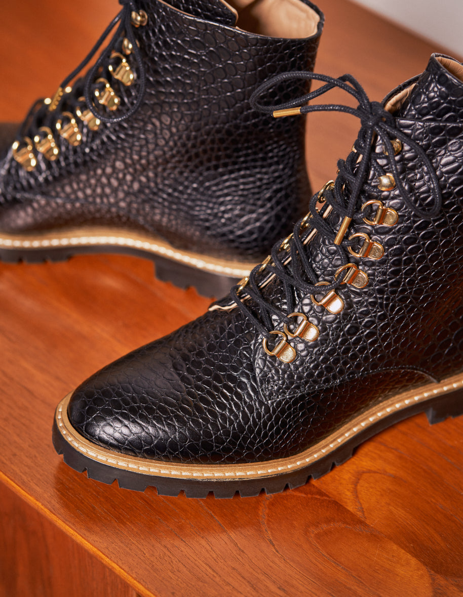 Alix Lace Boots - Cuir Croco Noir