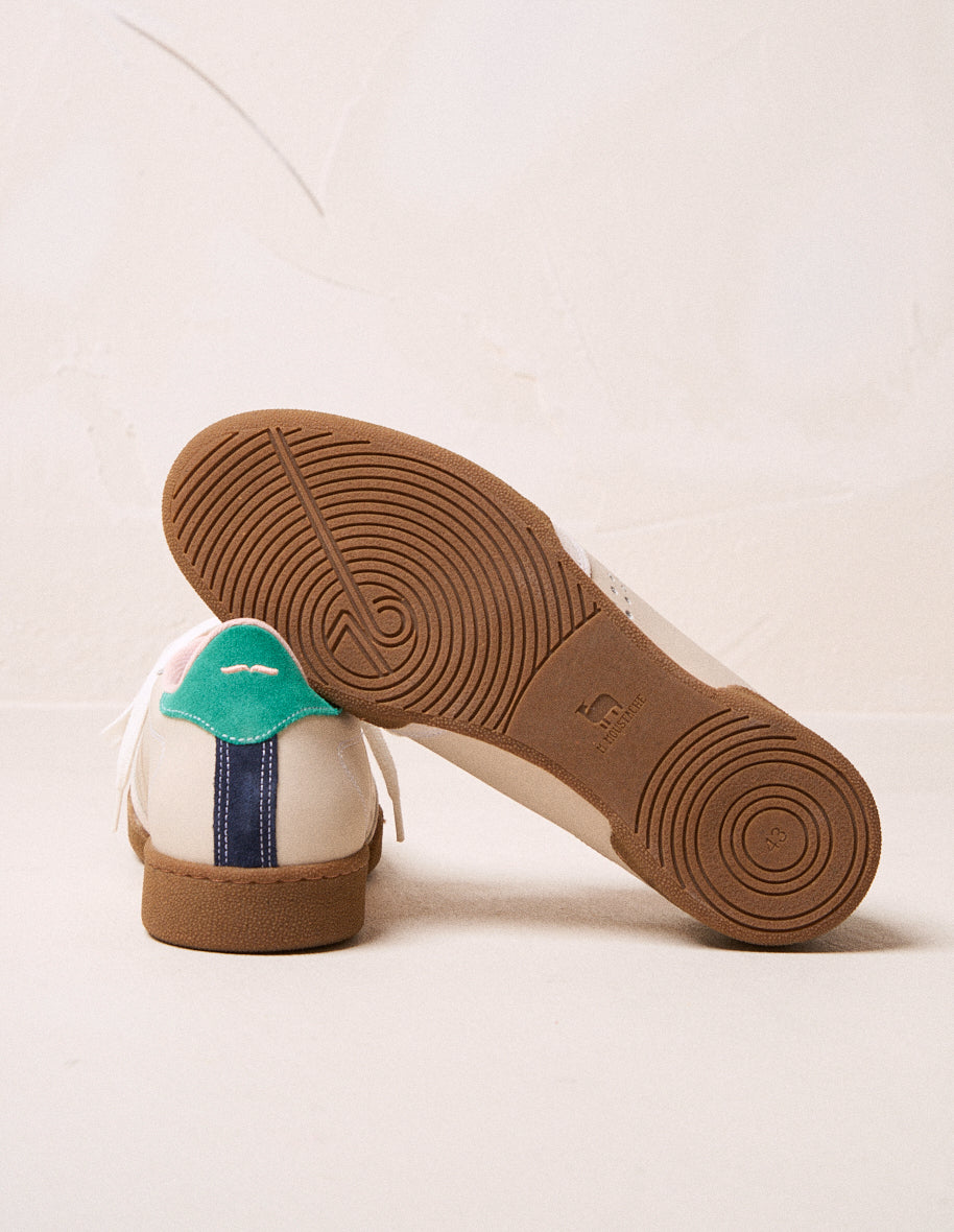 Baskets basses Anatole - Cuir écru turquoise saumon