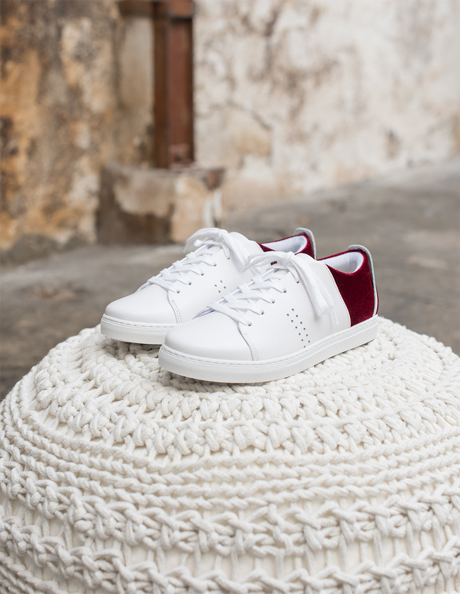 Baskets basses Renée - Cuir Blanc Velours Bordeaux VP