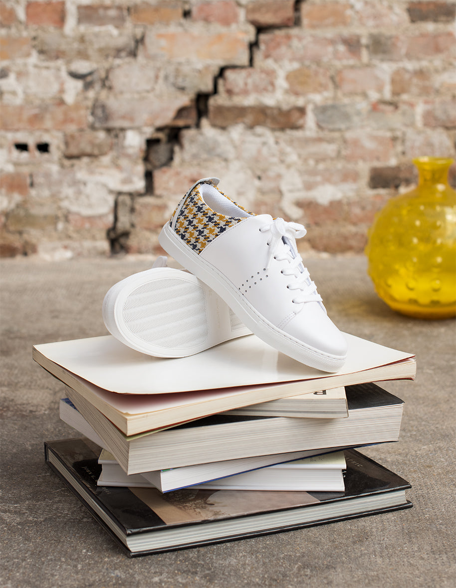 Baskets basses Renée - Cuir Blanc Pied de Poule Jaune