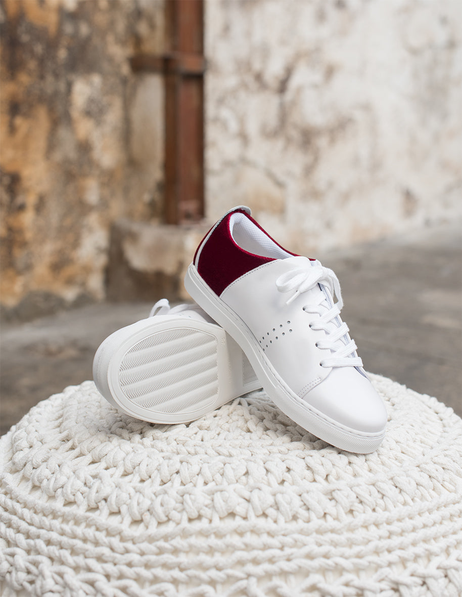 Baskets basses Renée - Cuir Blanc Velours Bordeaux VP