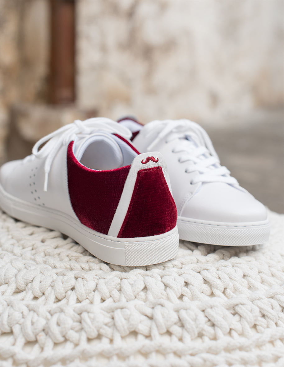 Baskets basses Renée - Cuir Blanc Velours Bordeaux VP