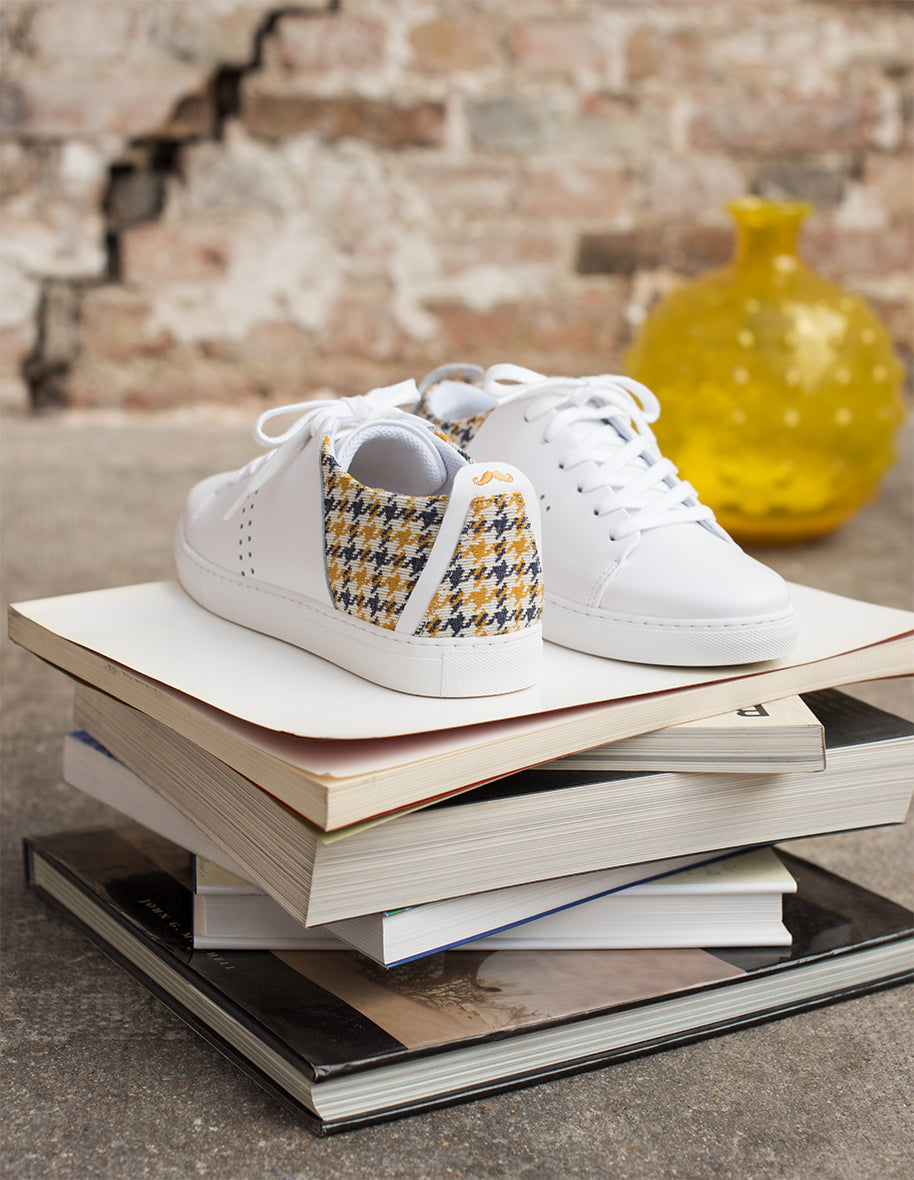Baskets basses Renée - Cuir Blanc Pied de Poule Jaune