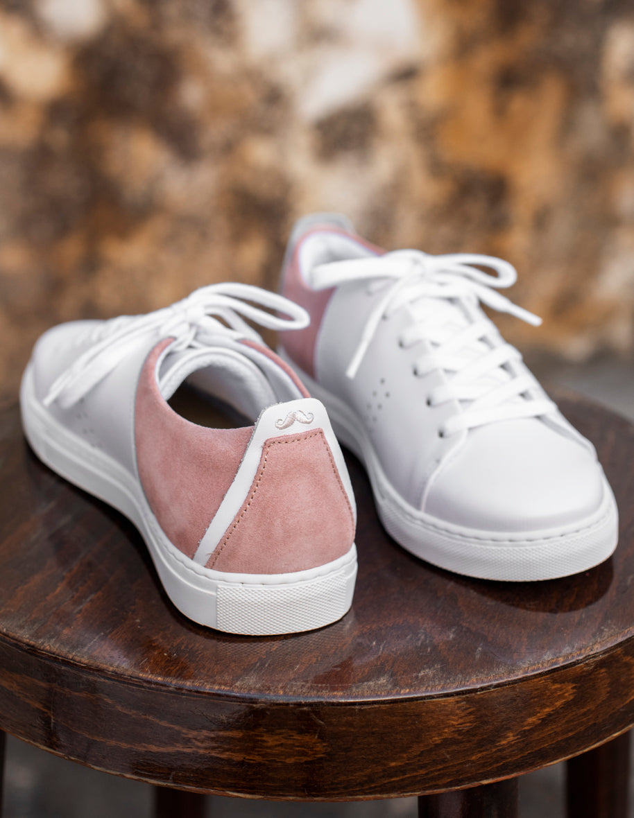 Baskets basses Renée - Cuir blanc et suède nude VP