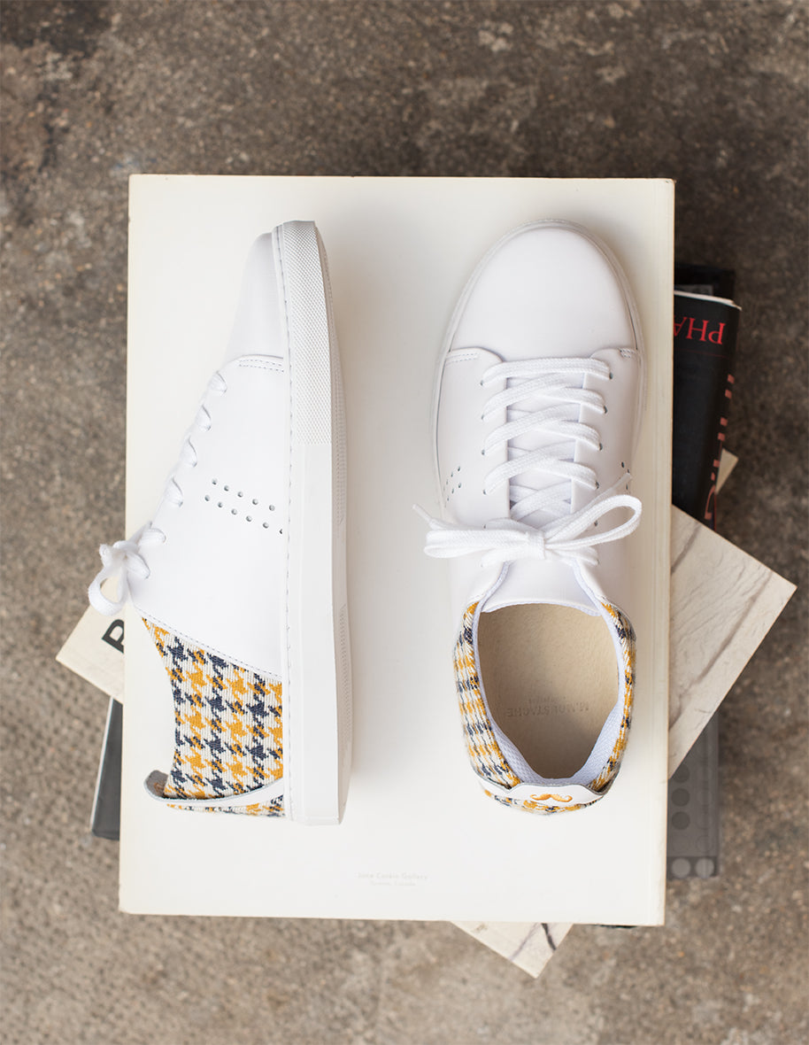 Baskets basses Renée - Cuir Blanc Pied de Poule Jaune