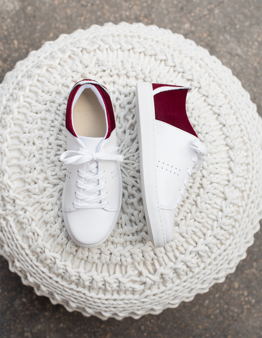 Baskets basses Renée - Cuir Blanc Velours Bordeaux VP