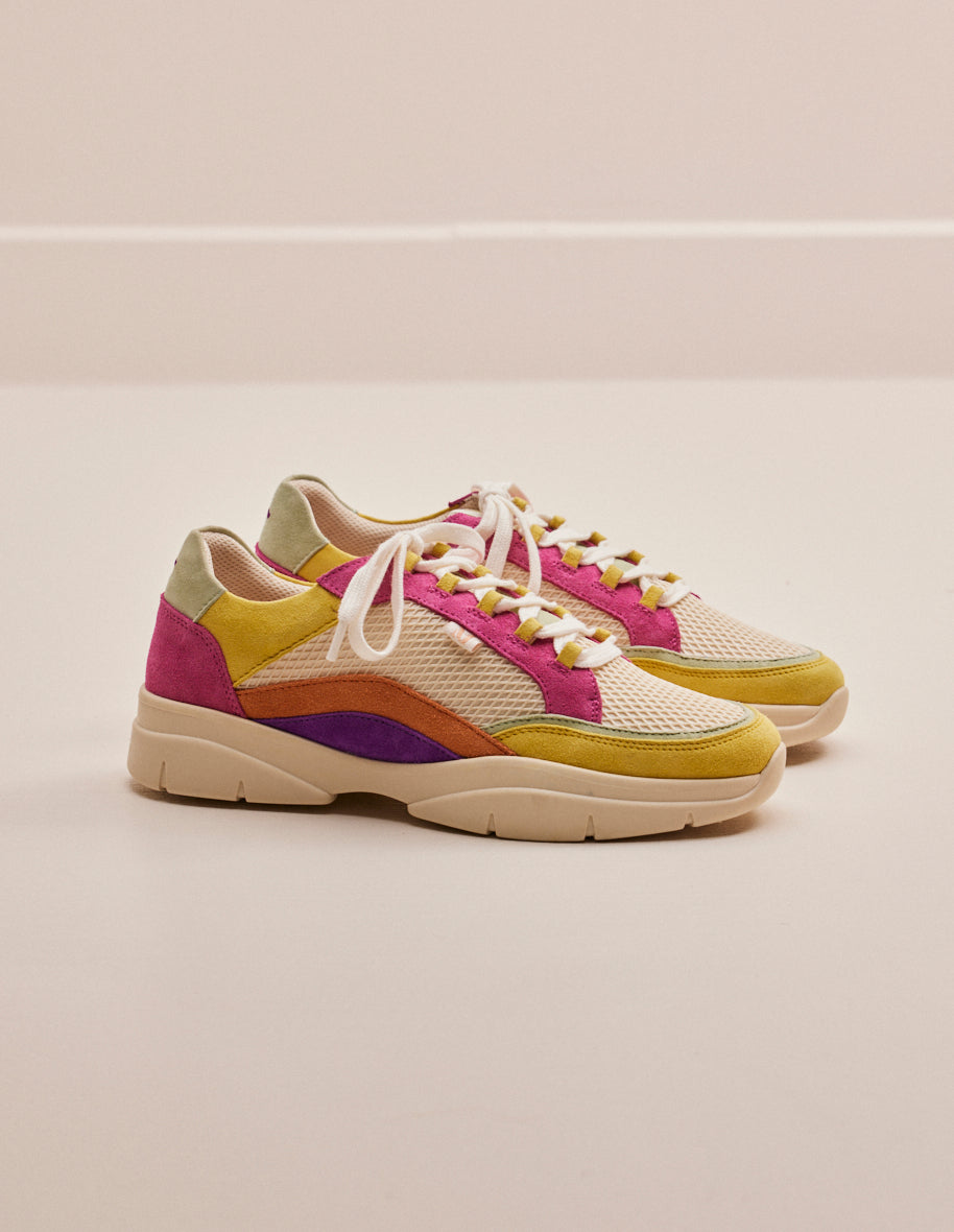 Baskets basses Laura - Suède et mesh citron beige rose