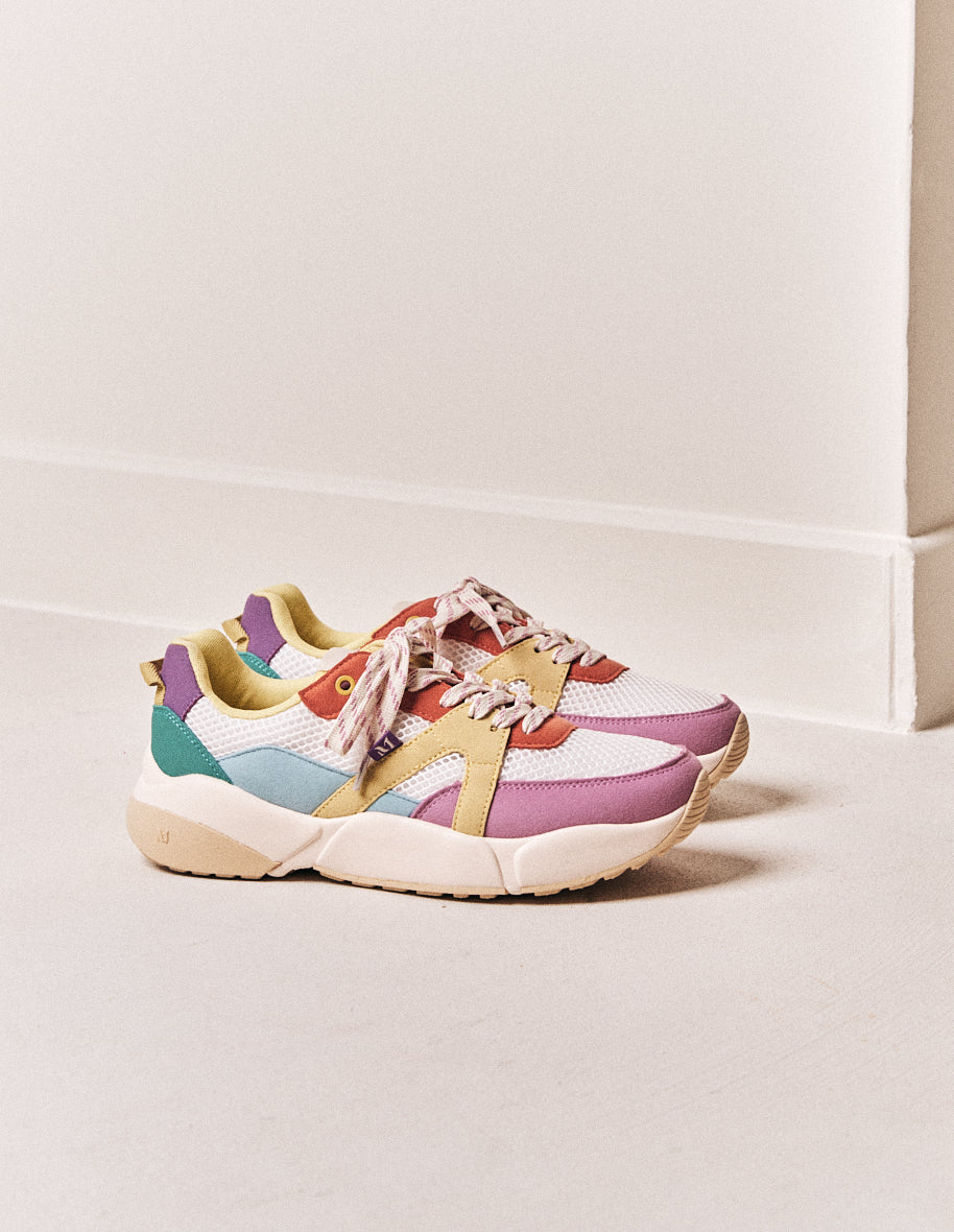 Baskets basses Lison - Suède vegan et mesh rose blanc citron