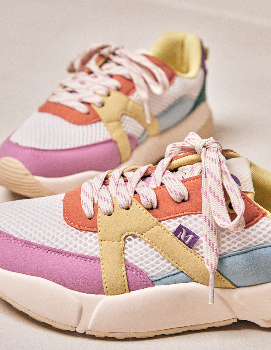 Baskets basses Lison - Suède vegan et mesh rose blanc citron