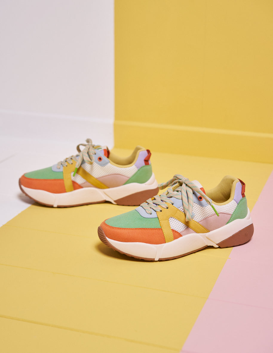 Baskets basses Lison - Suède vegan et mesh peche vert d'eau citron