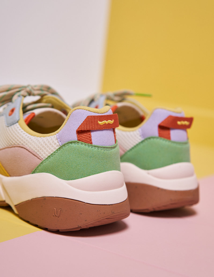 Baskets basses Lison - Suède vegan et mesh peche vert d'eau citron