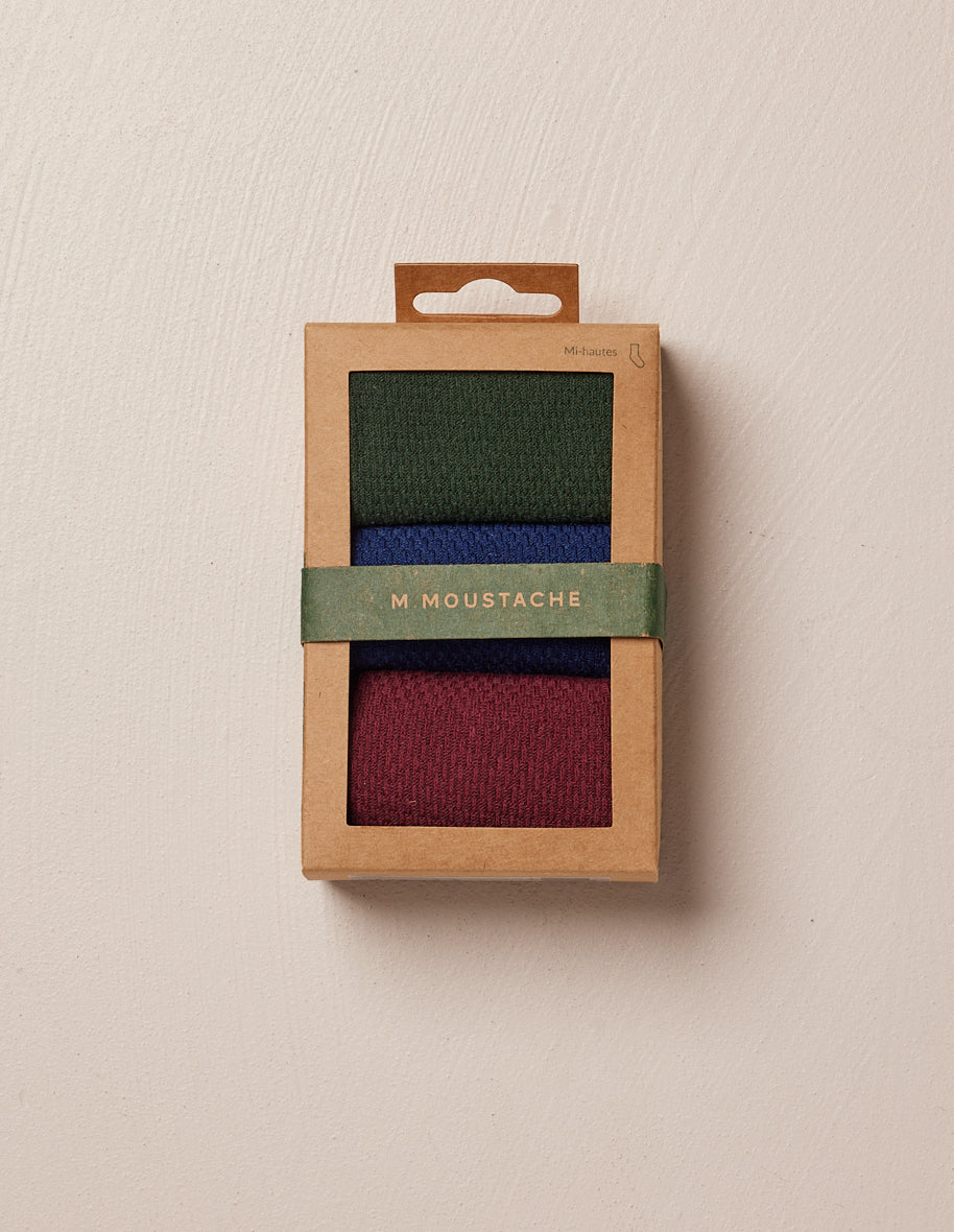 Pack of 3 Chaussettes - Gaufré vert burgundy bleu