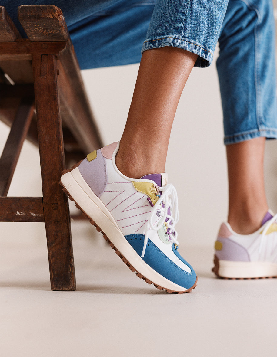 Baskets basses Morgane - Suède vegan et nylon bleu gris, blanc et vert d'eau