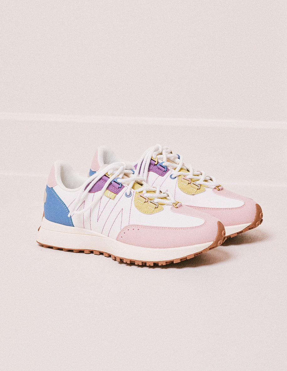 Baskets basses Morgane - Suède vegan et nylon rose clair, blanc et citron