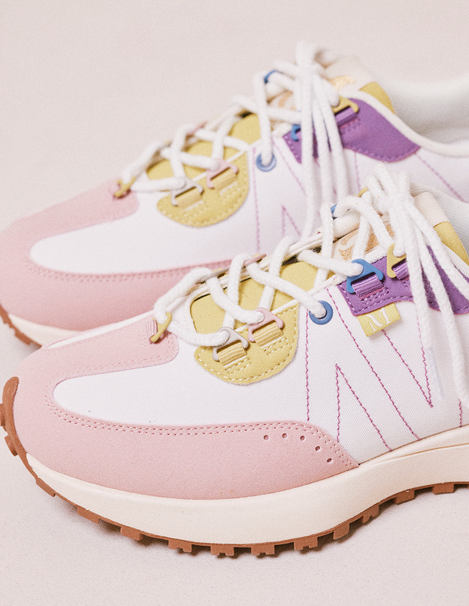 Baskets basses Morgane - Suède vegan et nylon rose clair, blanc et citron