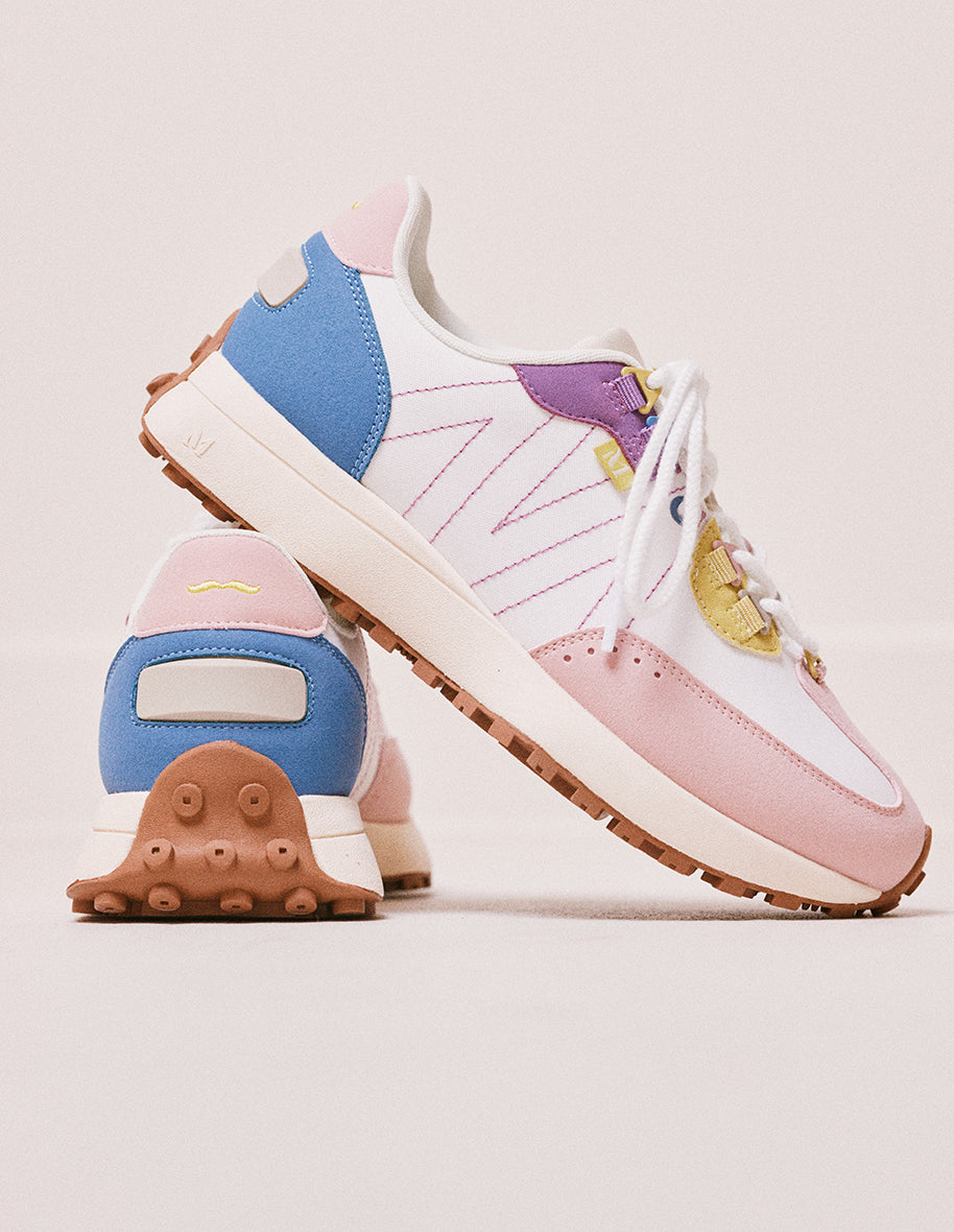 Baskets basses Morgane - Suède vegan et nylon rose clair, blanc et citron