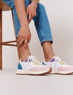 Baskets basses Morgane - Suède vegan et nylon rose clair, blanc et citron