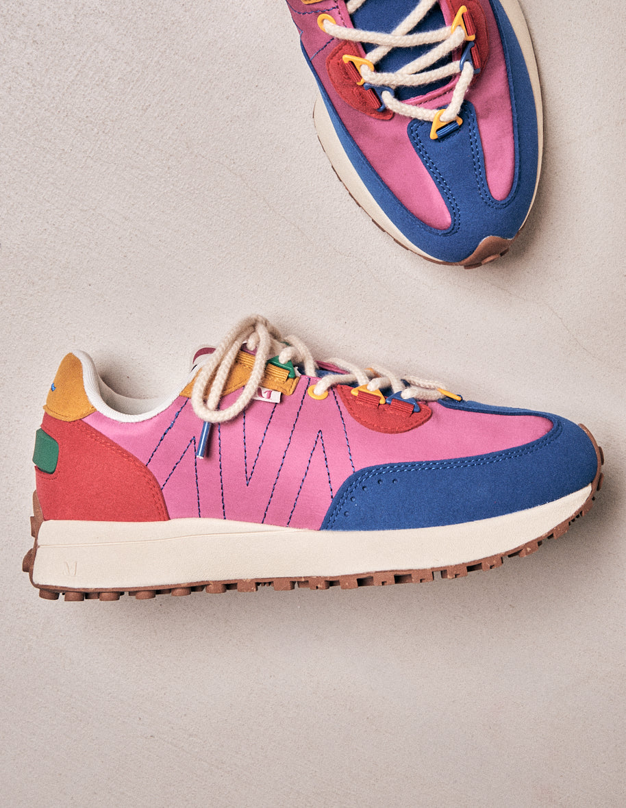 Baskets basses Morgane - Suède vegan et nylon bleu rose rouge
