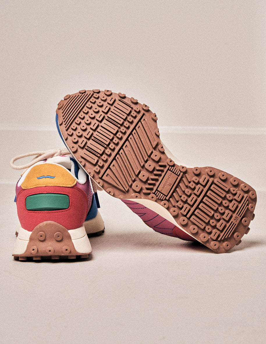 Baskets basses Morgane - Suède vegan et nylon bleu rose rouge
