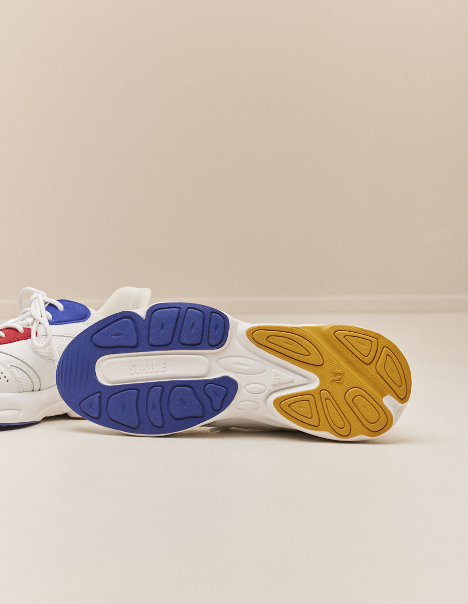 Baskets basses Nathanael - Cuir recyclé et suède vegan blanc rouge mutarde