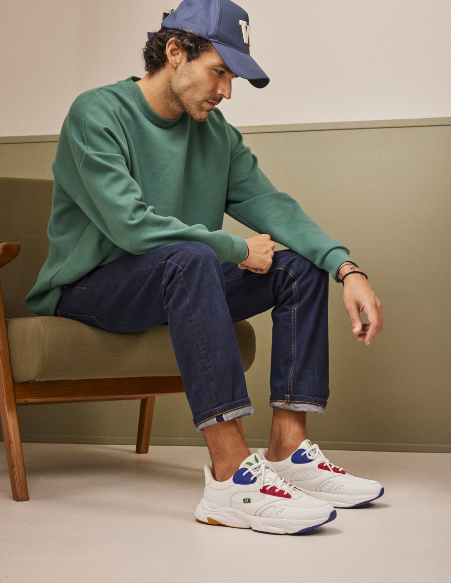 Baskets basses Nathanael - Cuir recyclé et suède vegan blanc rouge mutarde