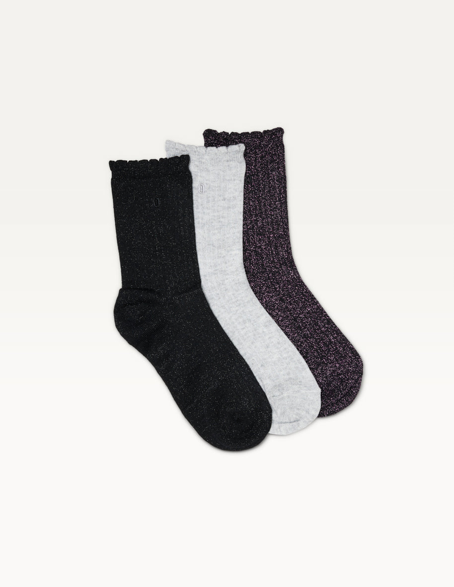 Pack of 3 Chaussettes - Côtelé froufrou noir violet argenté