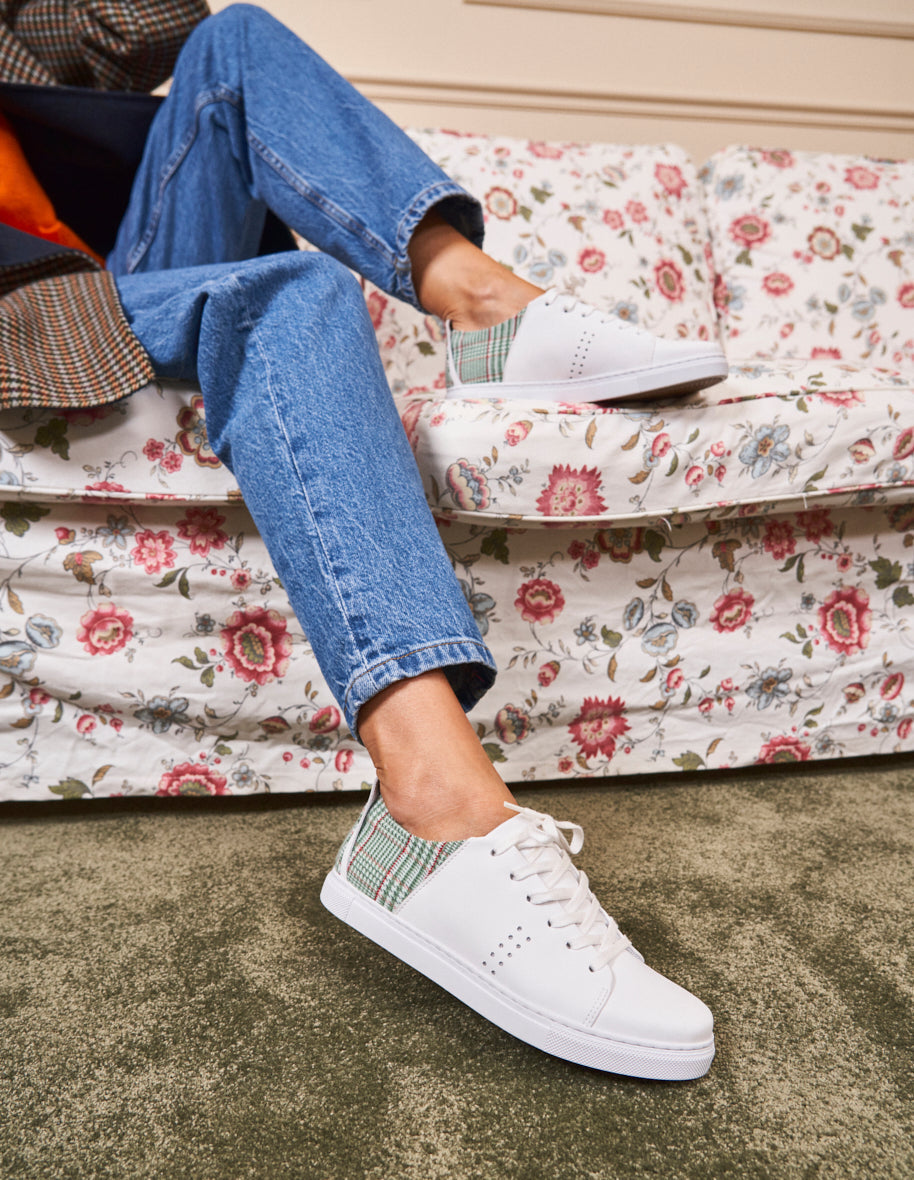 Baskets basses Renée - Cuir blanc et tartan vert