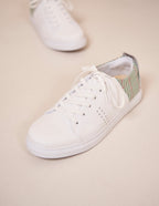 Baskets basses Renée - Cuir blanc et tartan vert