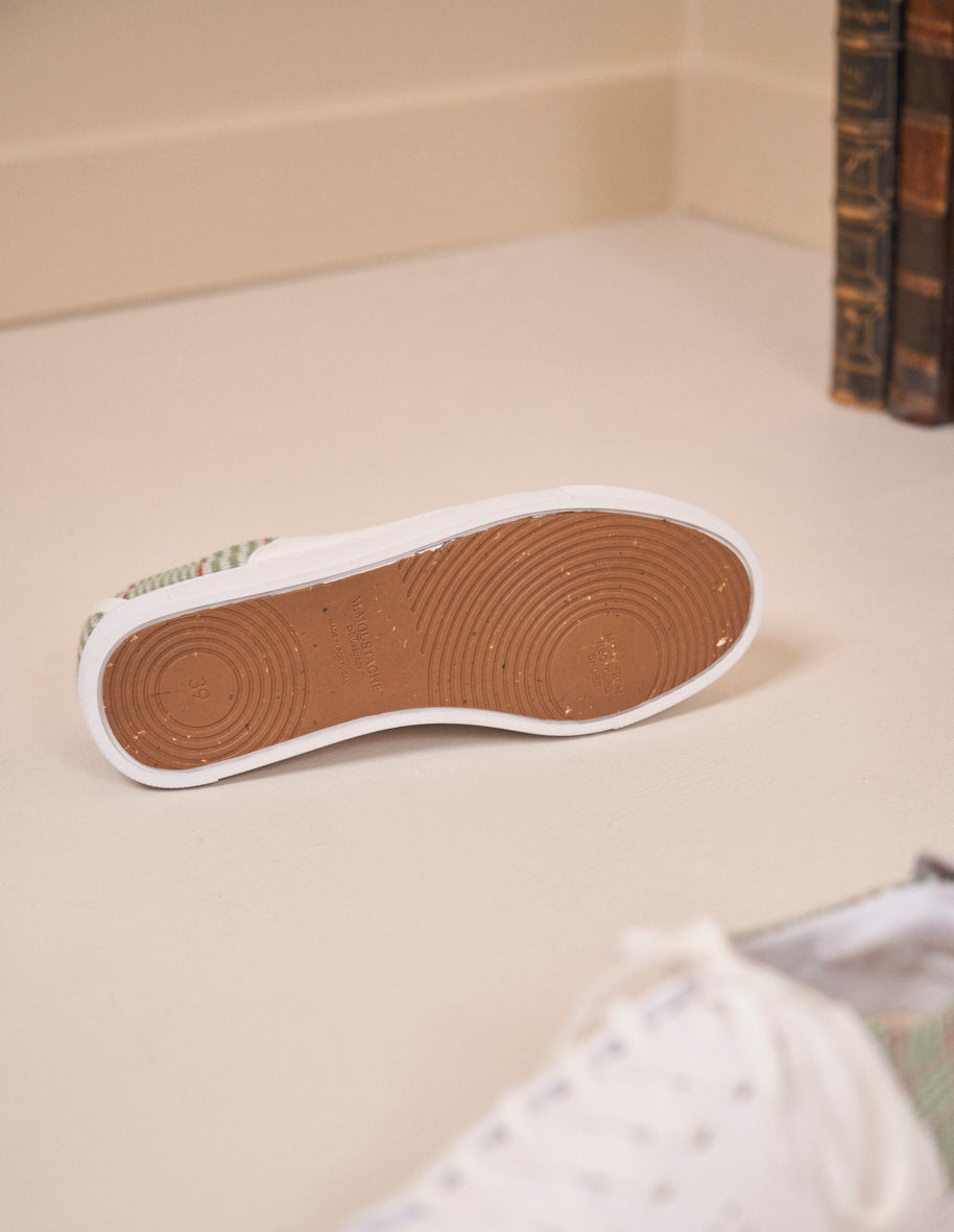 Baskets basses Renée - Cuir blanc et tartan vert