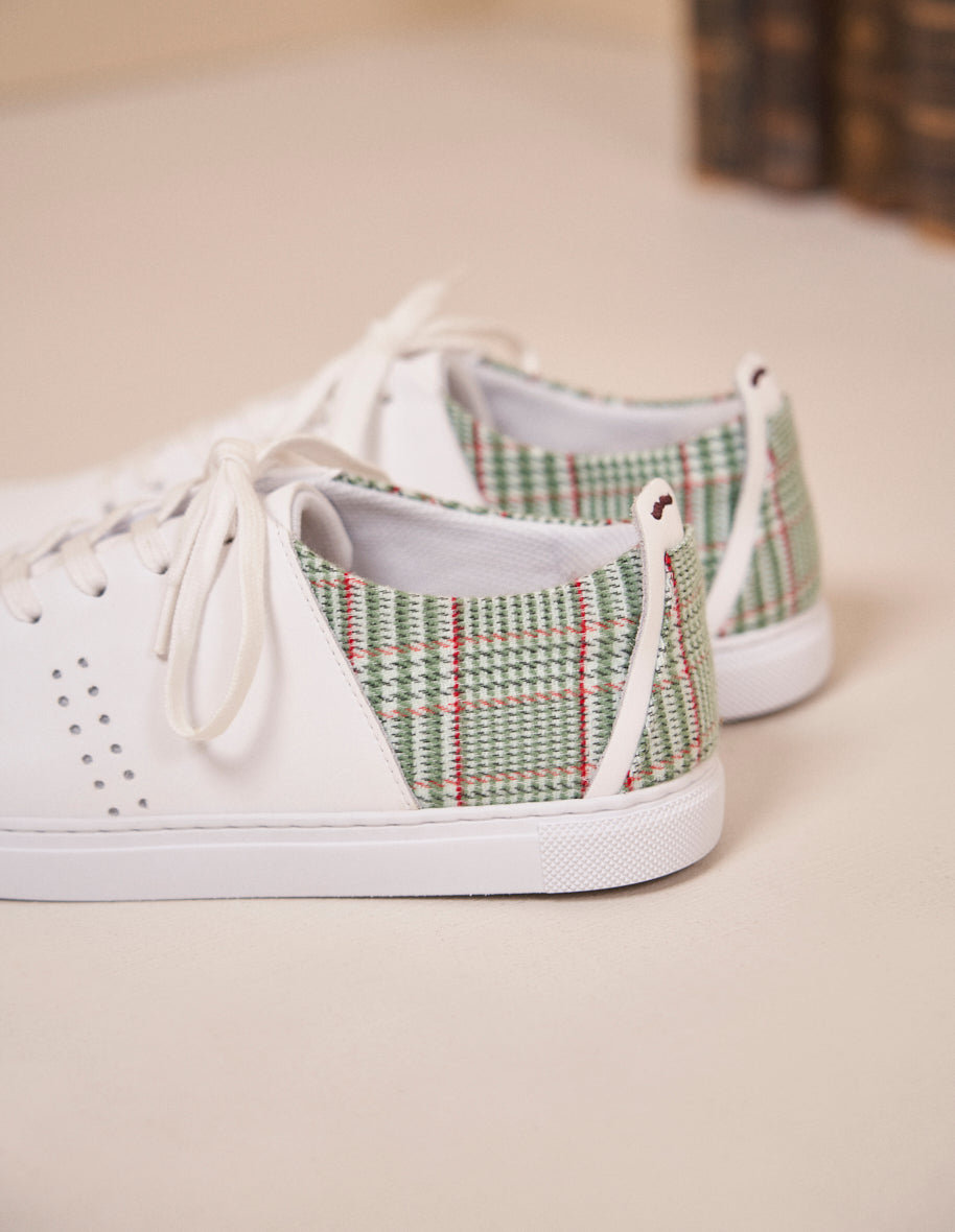 Baskets basses Renée - Cuir blanc et tartan vert