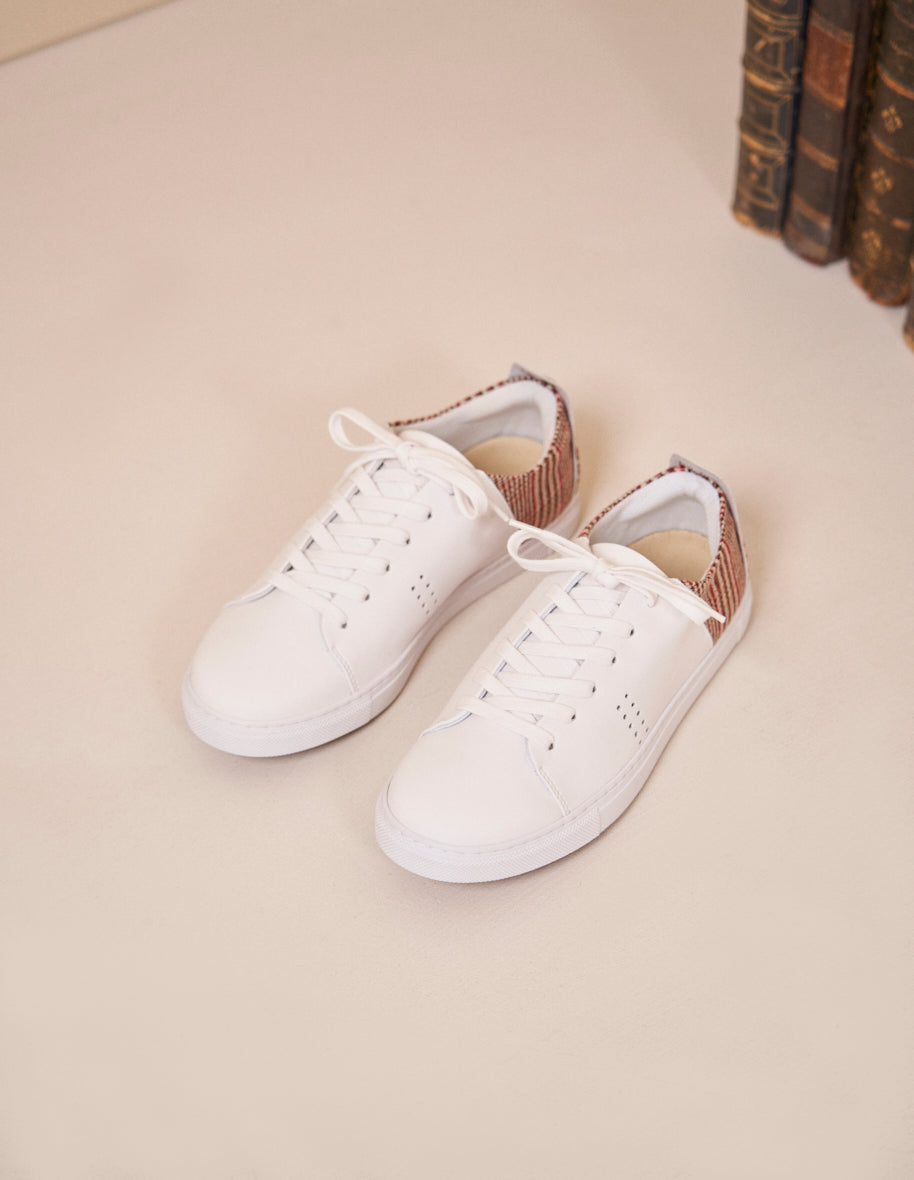 Baskets basses Renée - Cuir blanc et tartan brique
