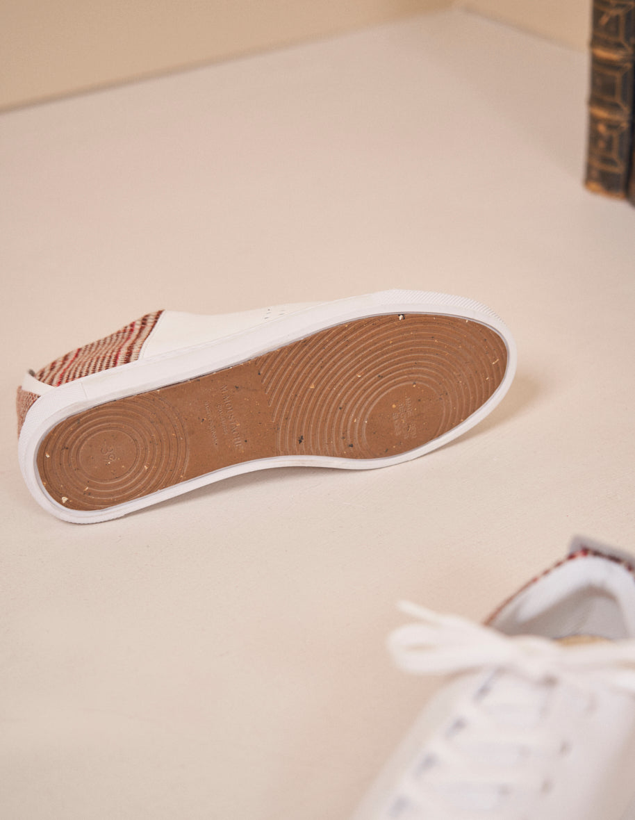 Baskets basses Renée - Cuir blanc et tartan brique