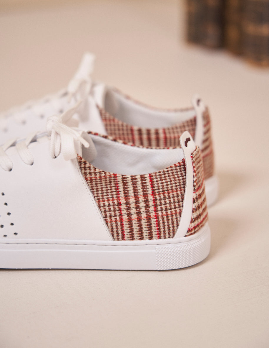 Baskets basses Renée - Cuir blanc et tartan brique