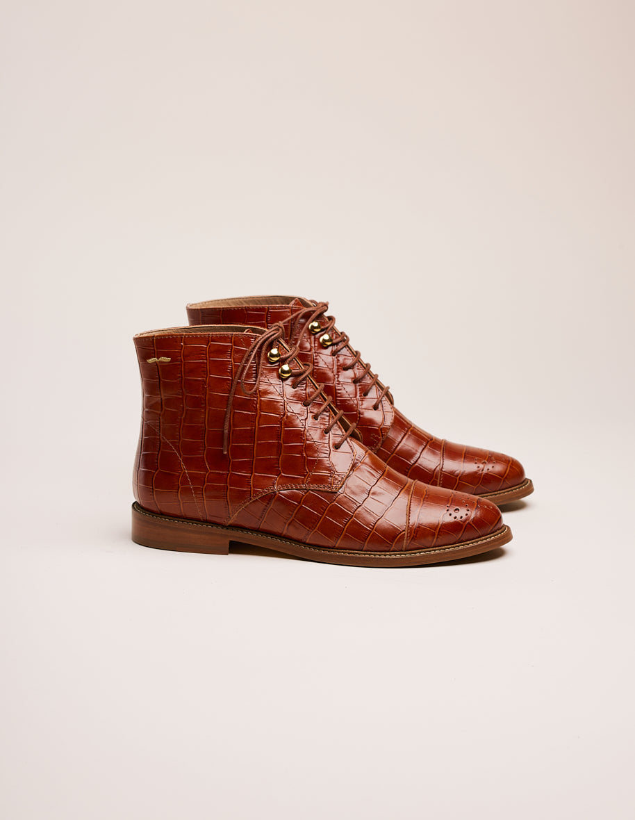 Lucienne laces ankle boots - Cuir croco cognac